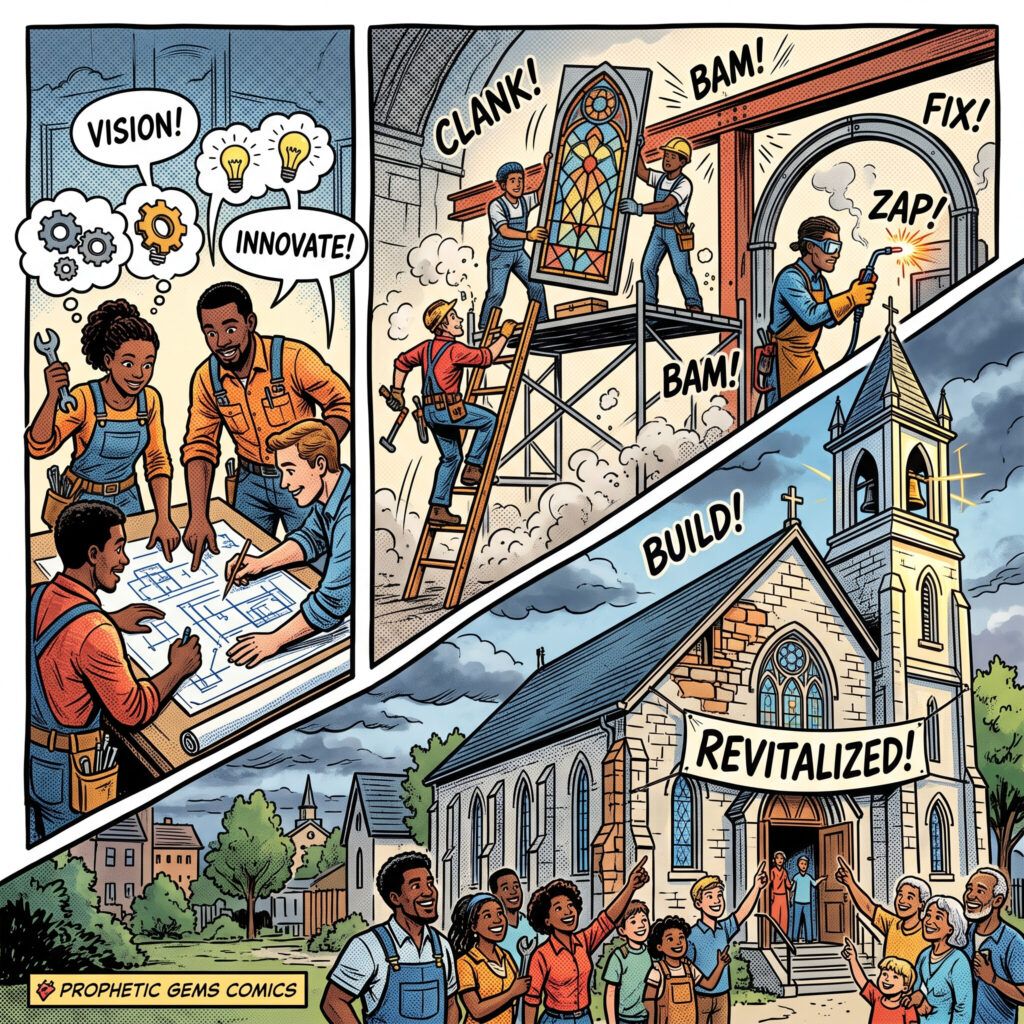 Revitalize the Church — From Vision to Revival (Prophetic Gems Comics) - Prophetic Gems Comic strip showing a diverse team planning, rebuilding, and celebrating a revitalized church — from "Vision!" and "Innovate!" to a restored steeple and a cheering community