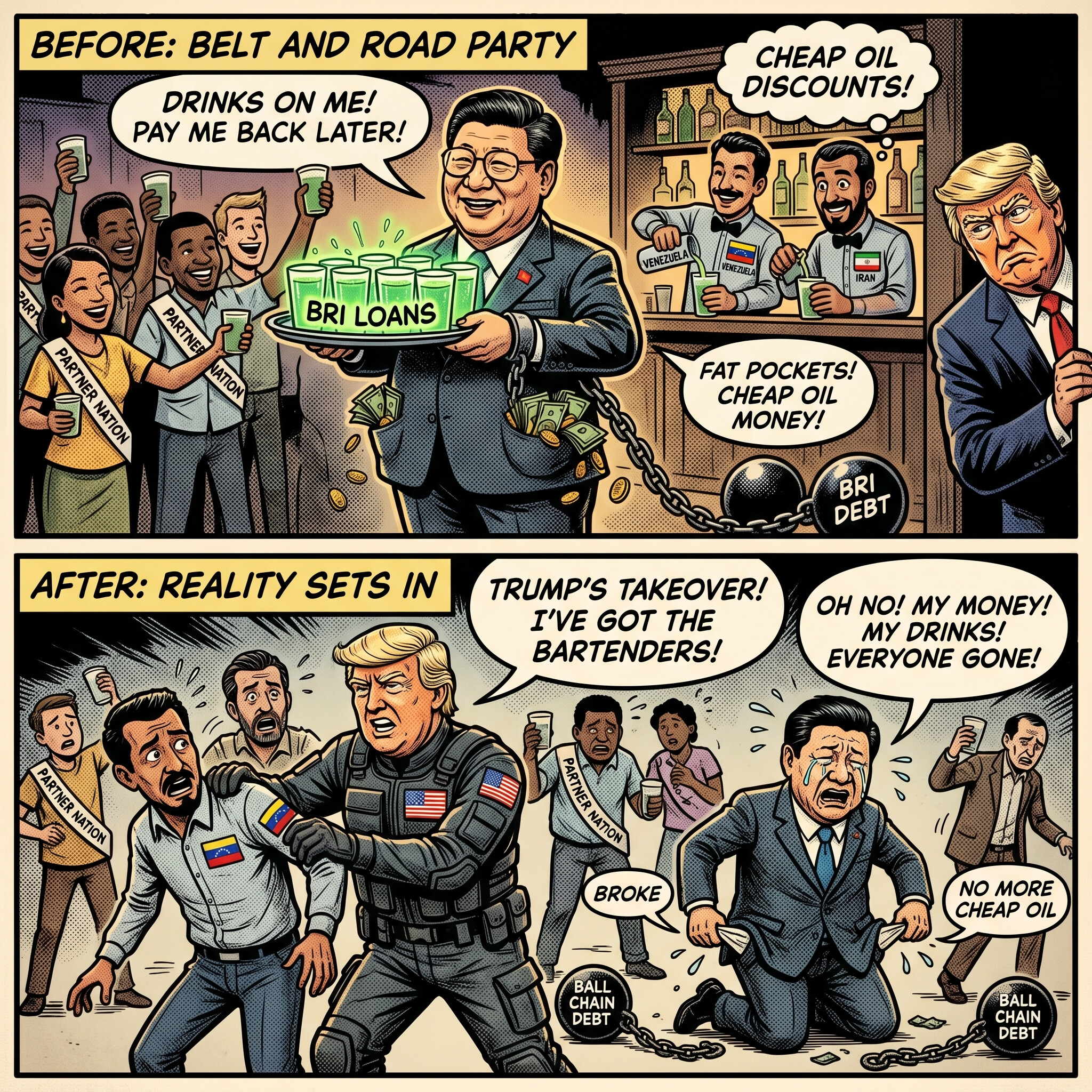 Before and after meme showing Xi Jinping buying rounds for Belt and Road partner nations with cheap oil money, then Trump seizing Venezuela and Iran's bartenders leaving Xi broke with ball and chain debt