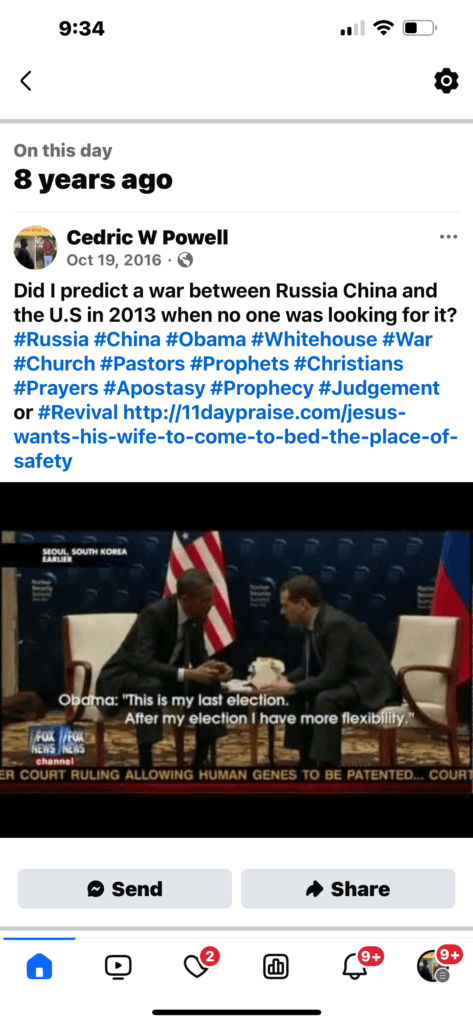 Cedric W Powell Facebook post from October 19 2016 asking if he predicted a war between Russia China and the US in 2013