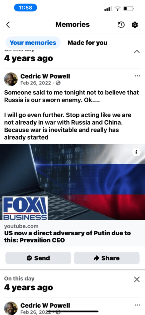 Cedric W Powell Facebook post from February 26 2022 stating we are already at war with Russia and China