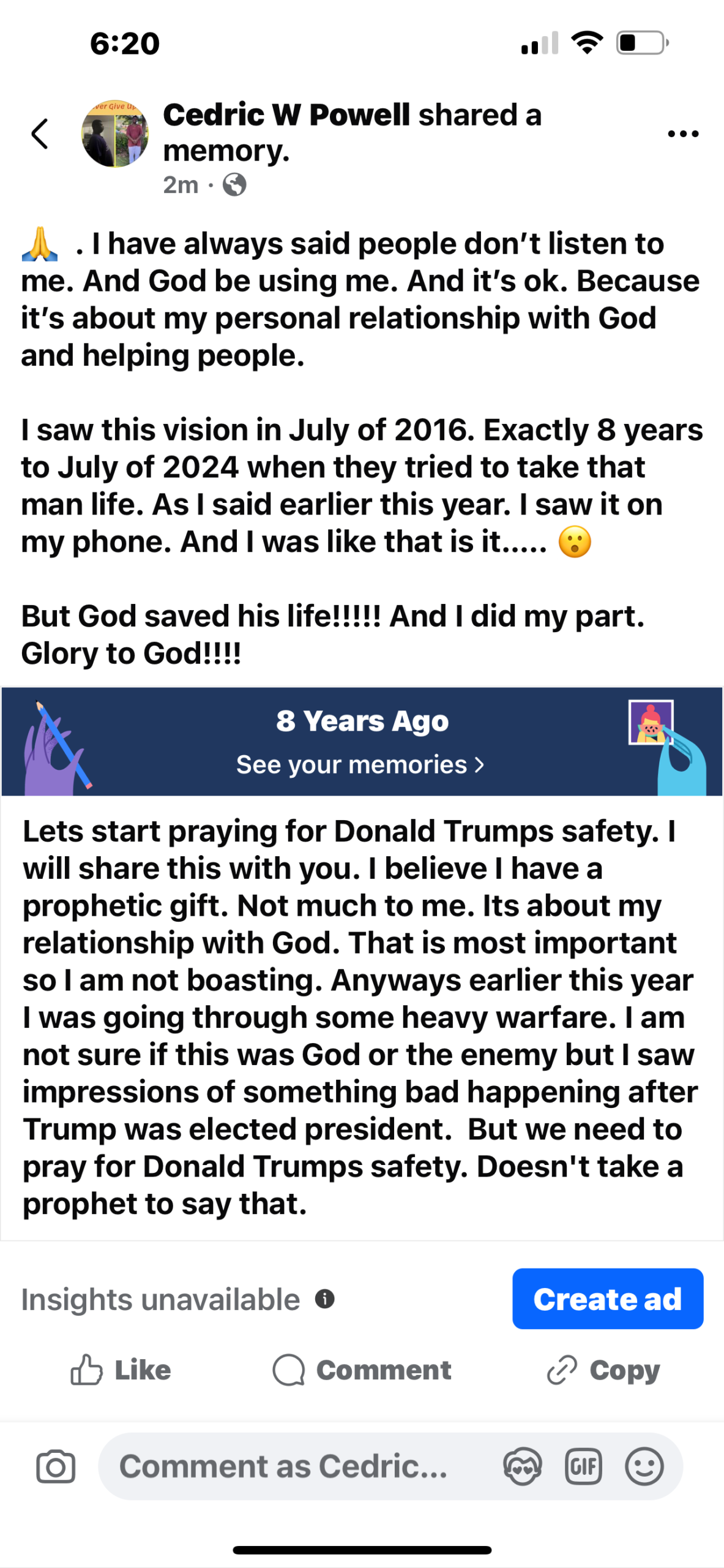 Facebook memory post by Cedric W Powell recalling a July 2016 vision and calling for prayer over Donald Trump's safety, dated eight years before the July 2024 assassination attempt