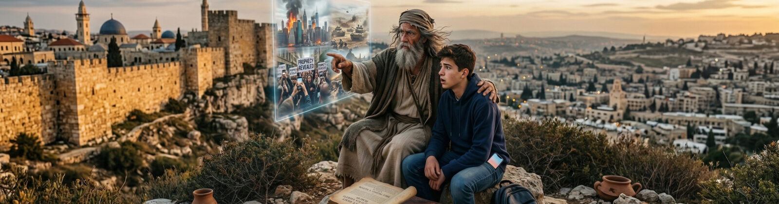 Biblical prophet sitting with a modern teenage boy on a rocky hillside overlooking the ancient walls of Jerusalem at dusk, pointing to a holographic vision showing end-times events including burning cities, military tanks, and protests, with open scrolls, a Bible, and clay pots scattered on the ground below