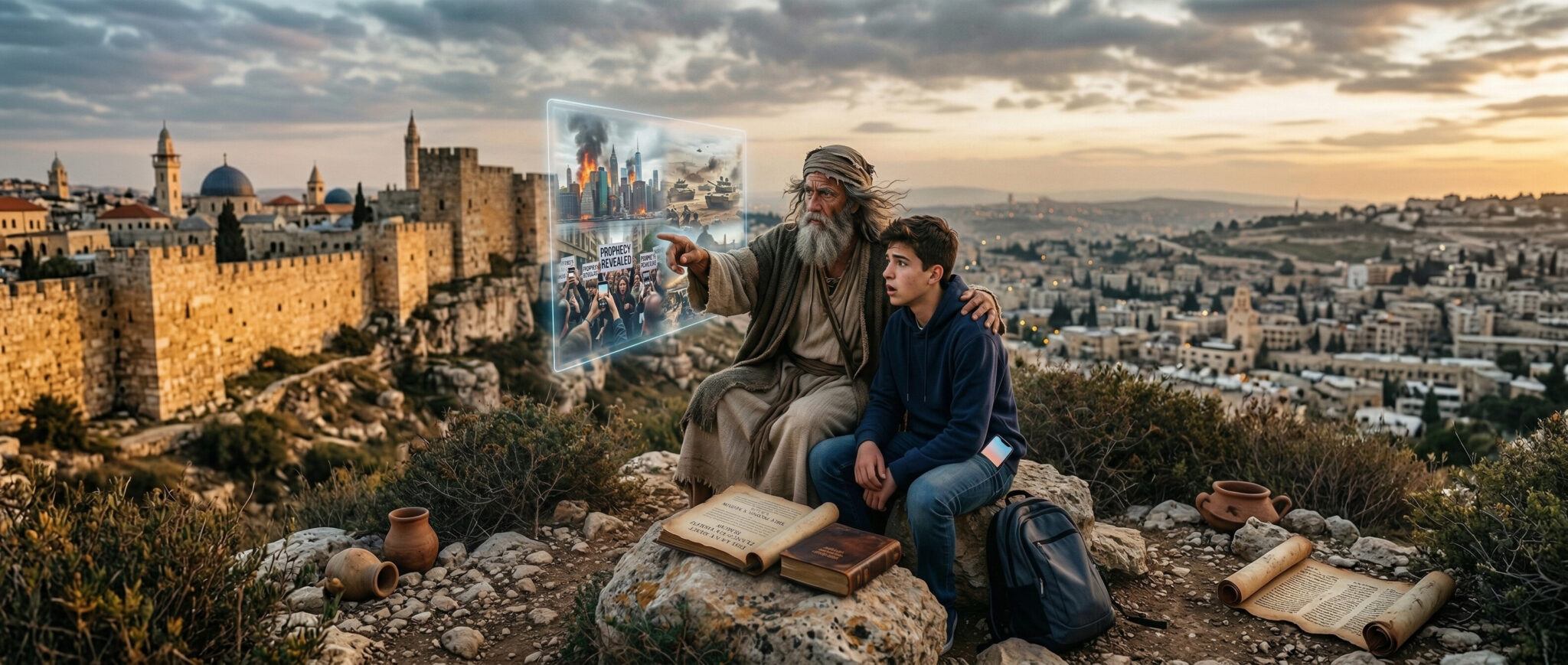 Biblical prophet sitting with a modern teenage boy on a rocky hillside overlooking the ancient walls of Jerusalem at dusk, pointing to a holographic vision showing end-times events including burning cities, military tanks, and protests, with open scrolls, a Bible, and clay pots scattered on the ground below