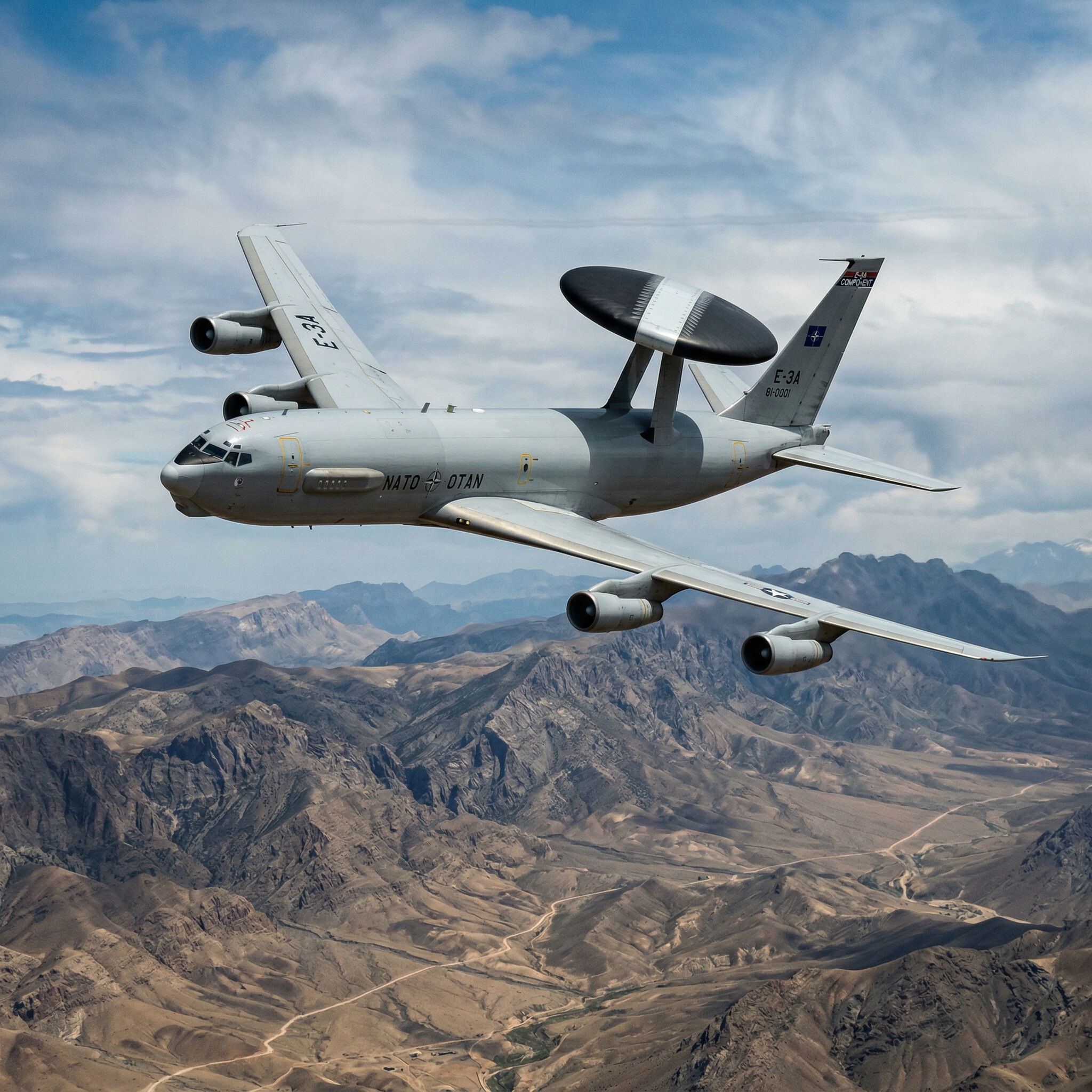 NATO E-3A Sentry AWACS aircraft in flight over mountainous terrain showing distinctive radar dome above fuselage