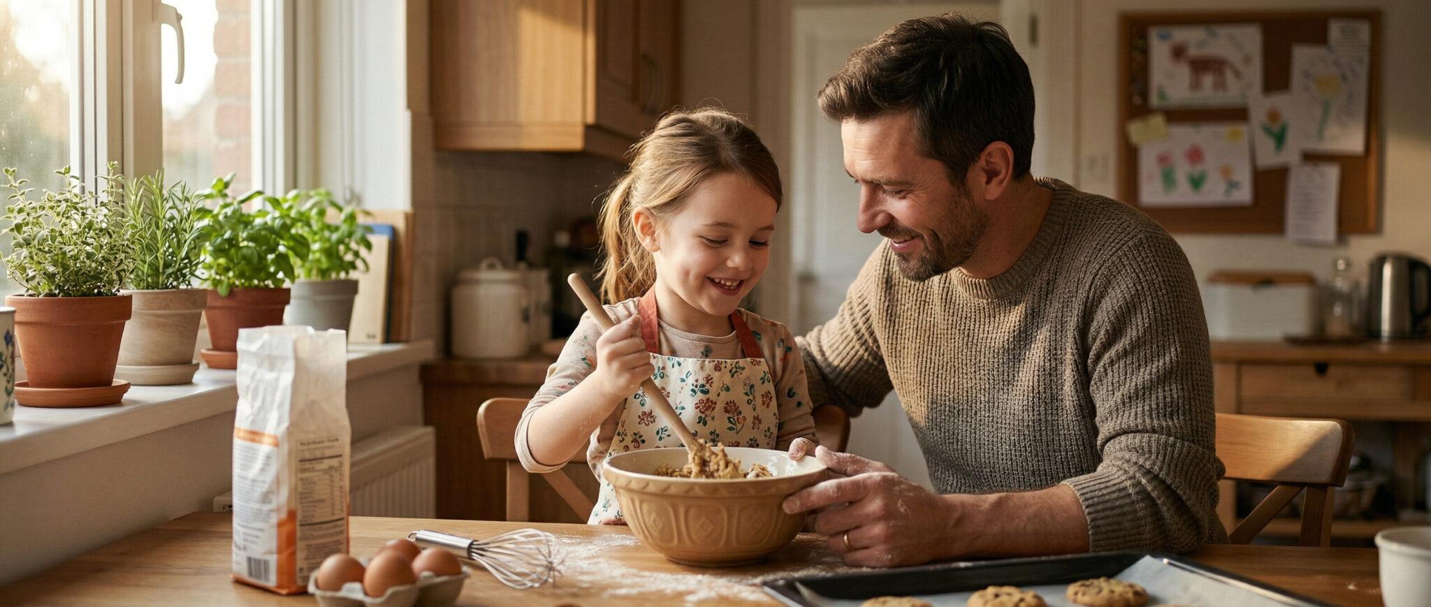 A father and young daughter laughing together while baking cookies in a warm family kitchen — an example of present, engaged parenting