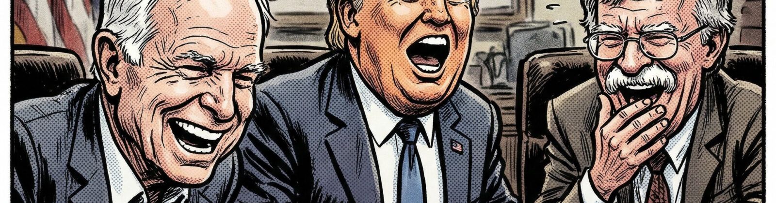 "Political satire comic strip showing three men in suits laughing hysterically at a newspaper headline reading 'Iran Buys 1 Million Bomb Bomb Bomb Cassette Tapes From US,' set against an American flag background."
