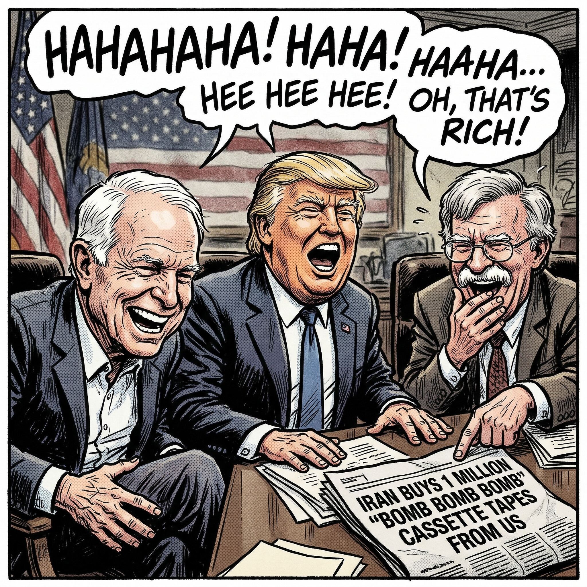 "Iran Buys 1 Million 'Bomb Bomb Bomb' Cassette Tapes From the US — Political Satire Cartoon" - Prophetic Gems "Political satire comic strip showing three men in suits laughing hysterically at a newspaper headline reading 'Iran Buys 1 Million Bomb Bomb Bomb Cassette Tapes From US,' set against an American flag background."