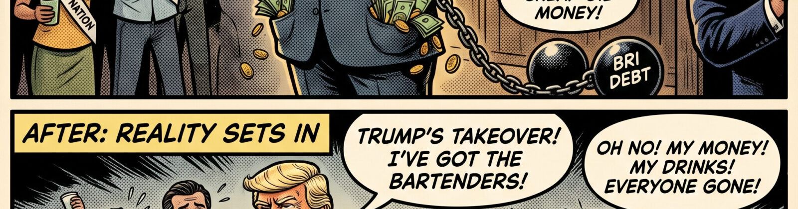 Before and after meme showing Xi Jinping buying rounds for Belt and Road partner nations with cheap oil money, then Trump seizing Venezuela and Iran's bartenders leaving Xi broke with ball and chain debt