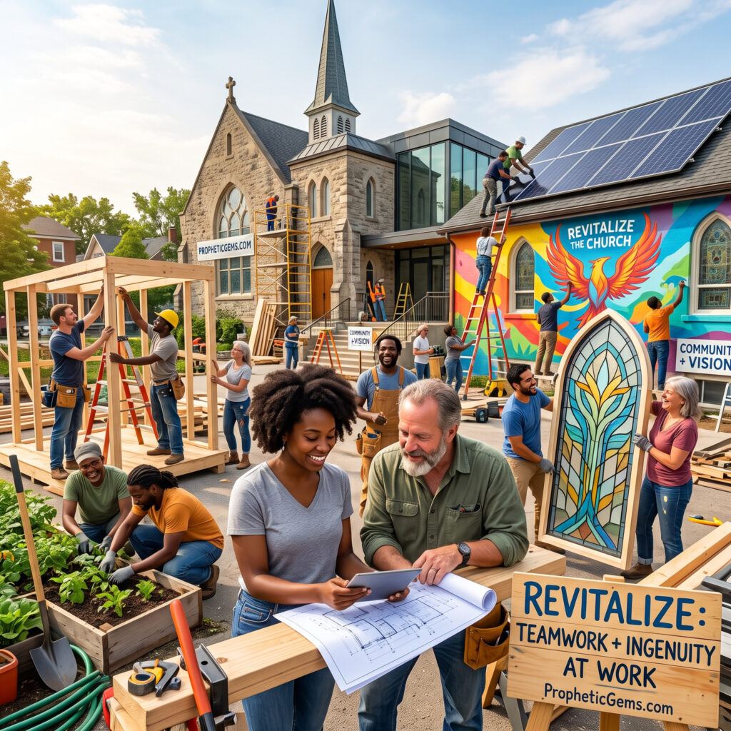 Revitalize the Church — Teamwork + Ingenuity at Work (PropheticGems.com) - Prophetic Gems Diverse community volunteers revitalizing a church together — building, planting a community garden, painting a phoenix mural, and installing solar panels under a "Revitalize the Church" sign