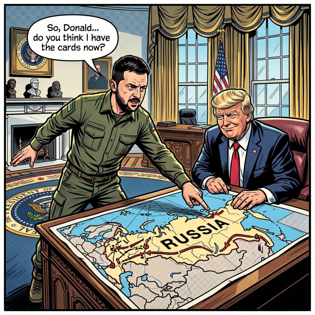 Zelensky I Have the Cards Now Oval Office Comic - Prophetic Gems Comic illustration of Zelensky pointing at a map of Russia on the Oval Office desk asking Trump "Do you think I have the cards now?